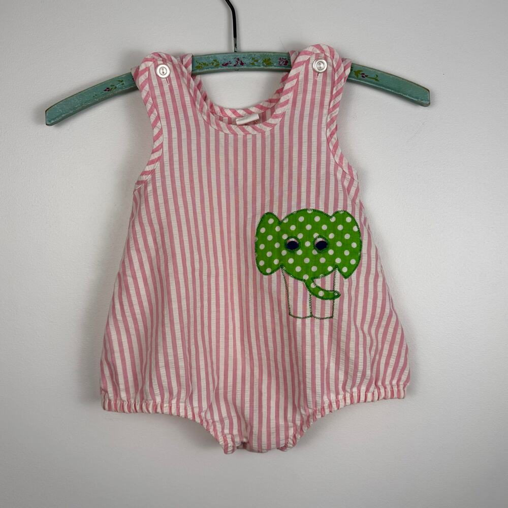 Vintage Sears seersucker pink stripe bubble romper size 21 to 25 lbs